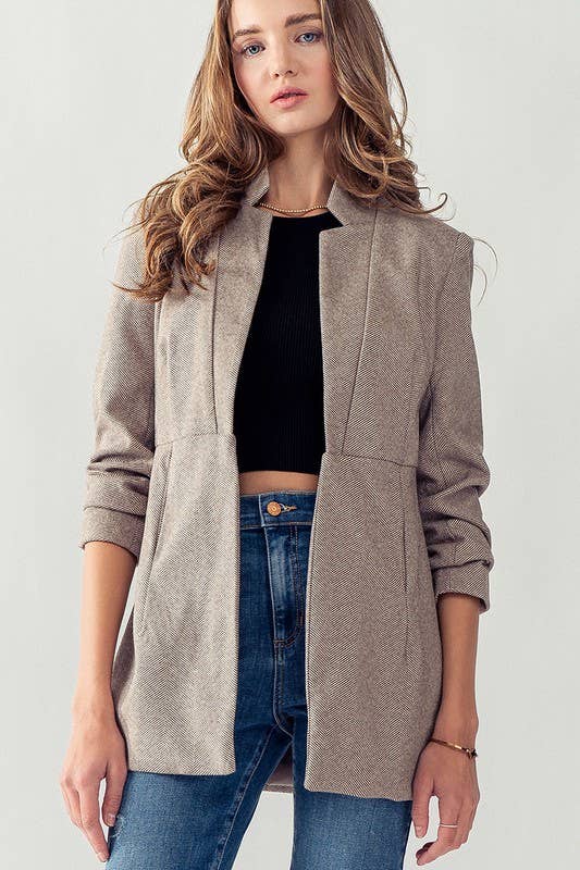 Woven Textured Blazer Open Front with Side Pocket