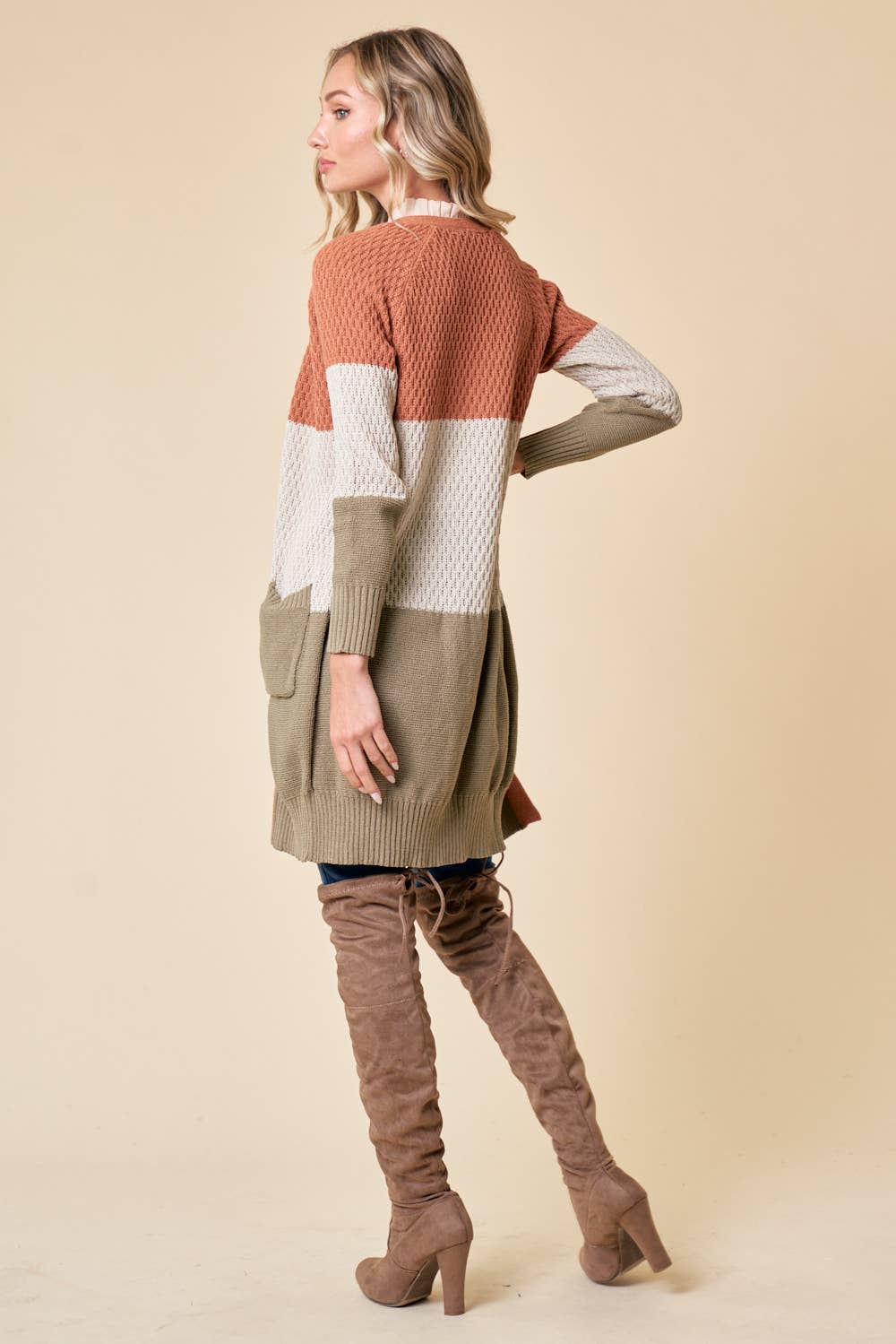 Color block knit Sweater Cardigan in Sunset Stone and Moss