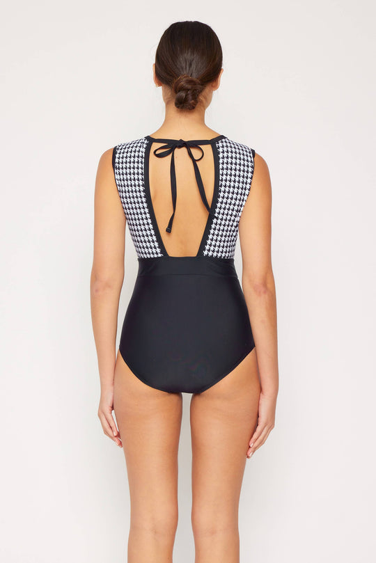 Houndstooth One Piece Swim Suit with Removable Skirt