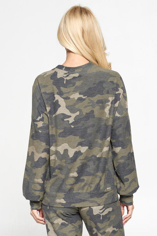 Camo Print Crew Neck Sweatshirt Top