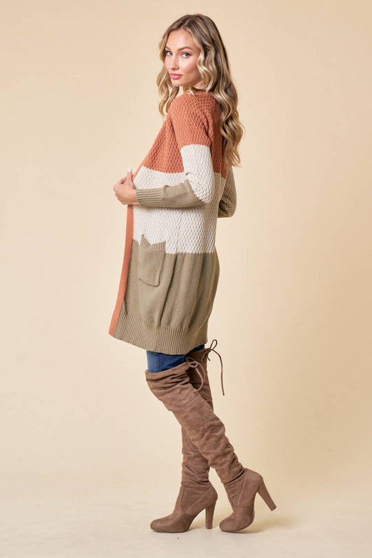 Color block knit Sweater Cardigan in Sunset Stone and Moss