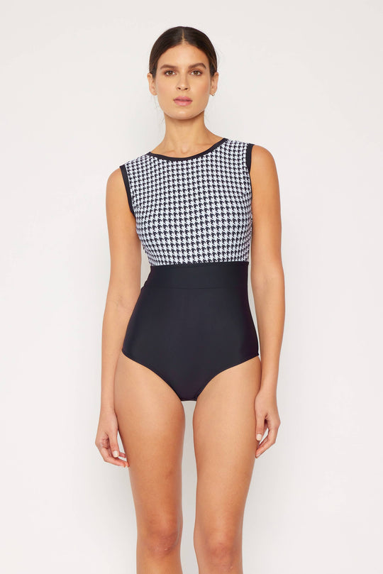 Houndstooth One Piece Swim Suit with Removable Skirt