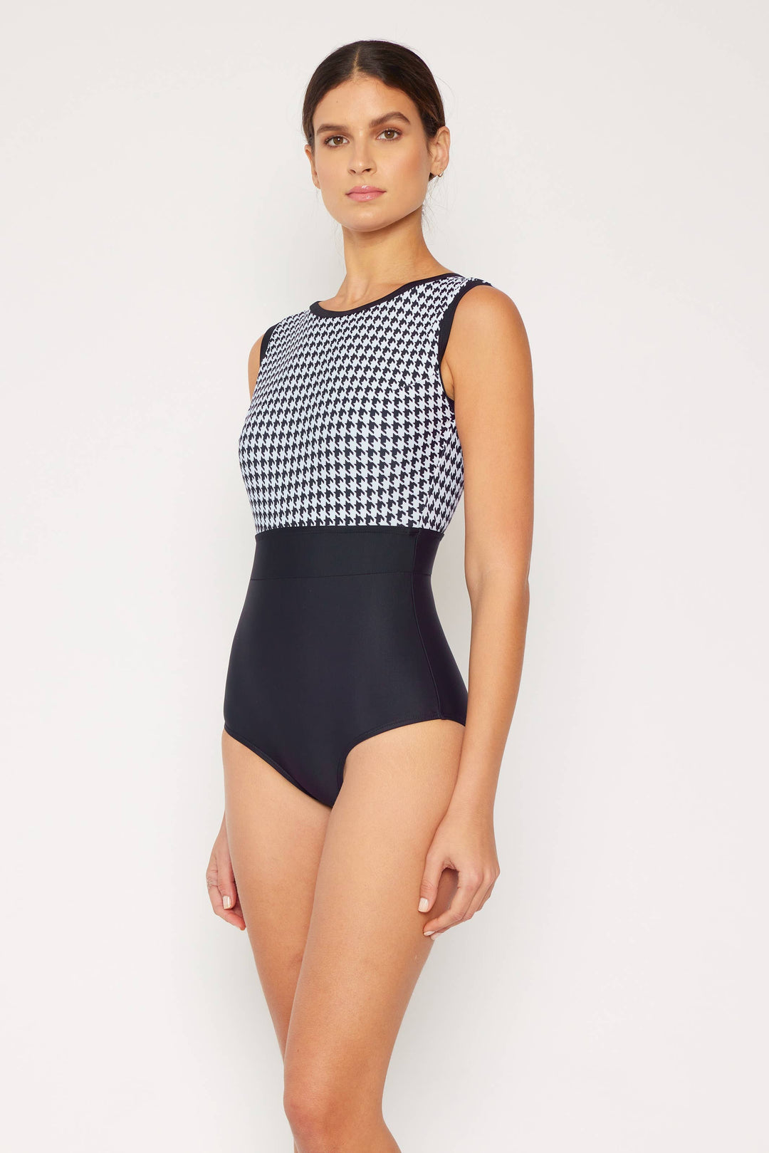 Houndstooth One Piece Swim Suit with Removable Skirt