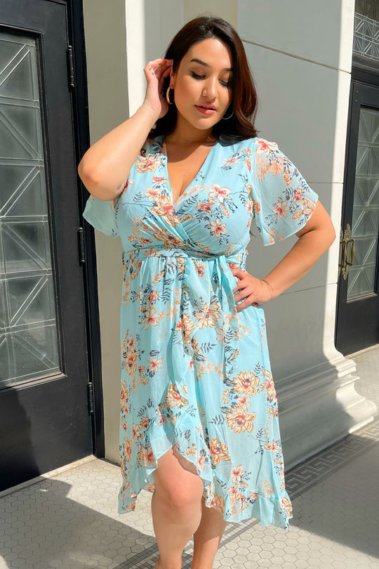 Mint Floral Faux Tie Wrap Dress