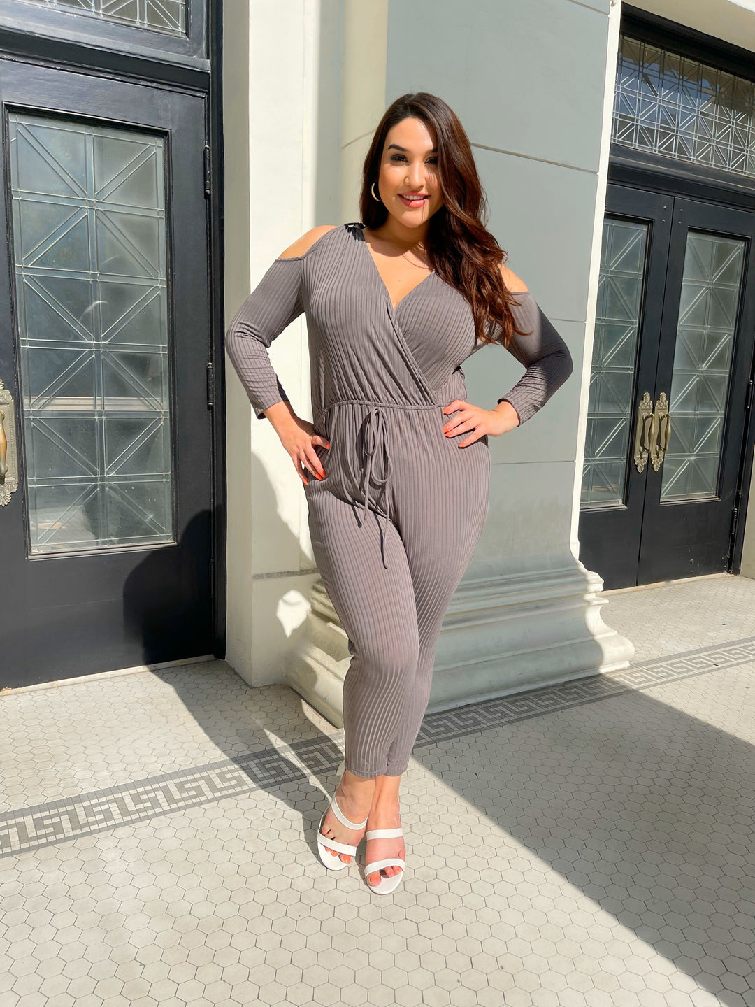 Hoodie Cold Shoulder Jumpsuit in Gray Last Ones!