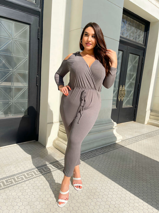 Hoodie Cold Shoulder Jumpsuit in Gray Last Ones!