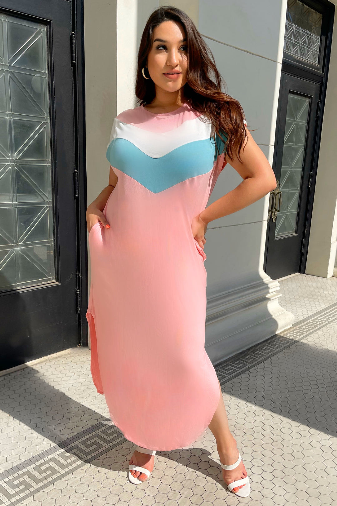 Dolman Color block Maxi Dress in Pink Mallory Jo Boutique