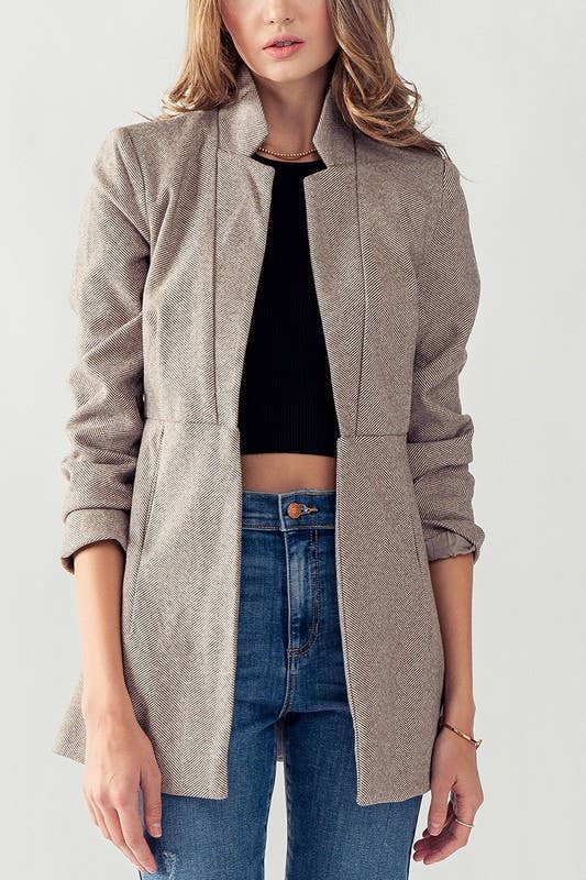 Woven Textured Blazer Open Front with Side Pocket