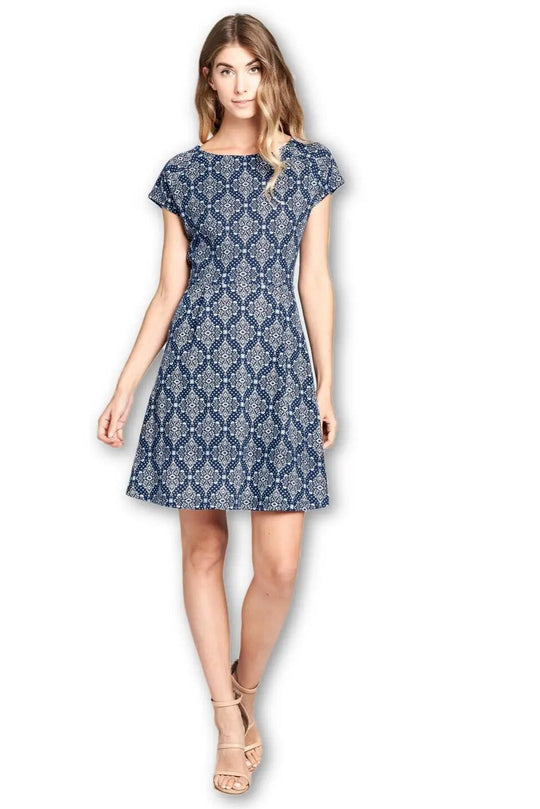 Modern Dress Short Sleeve Boat Neckline Indigo Batik Print