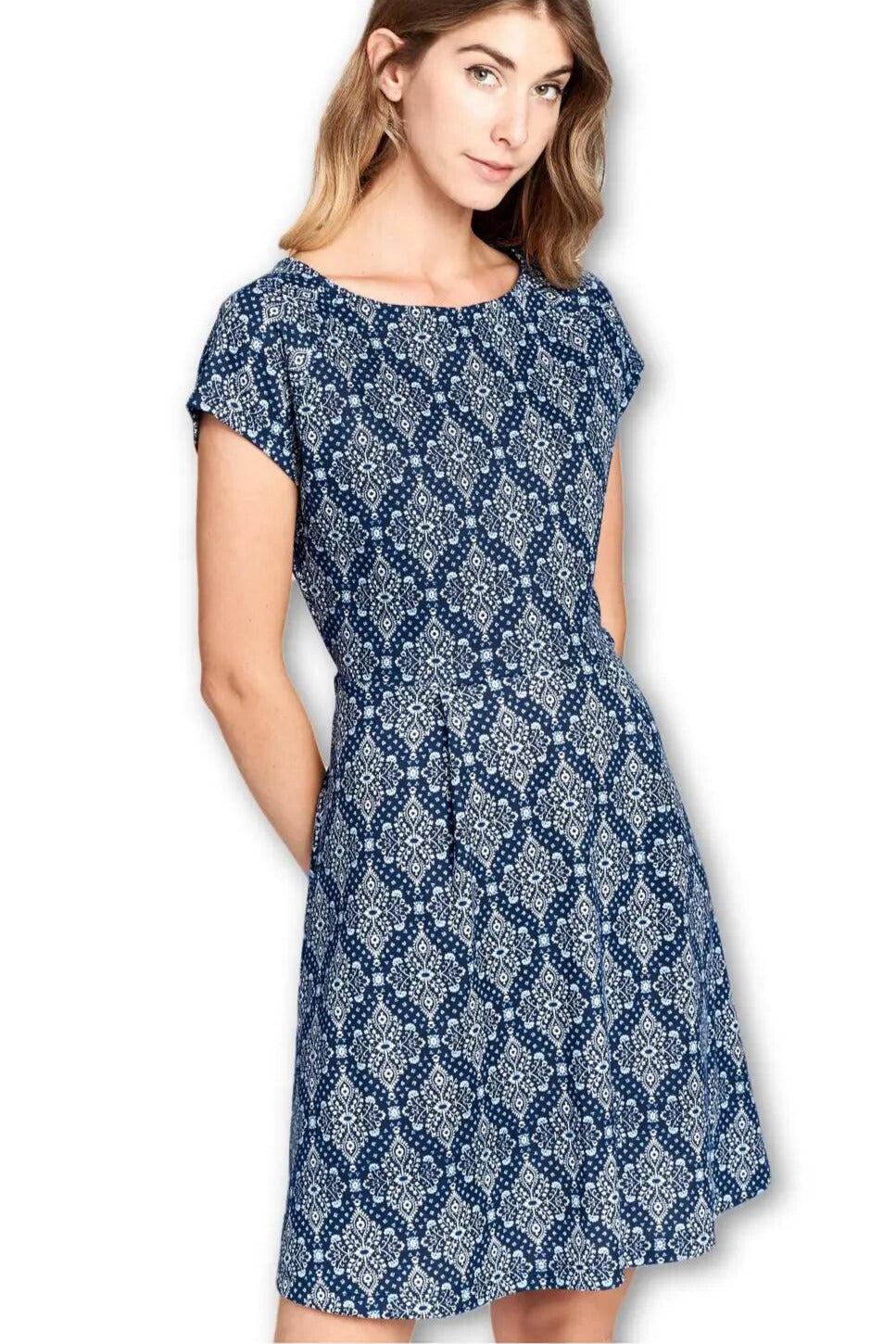 Modern Dress Short Sleeve Boat Neckline Indigo Batik Print