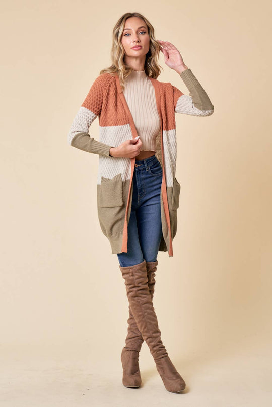 Color block knit Sweater Cardigan in Sunset Stone and Moss