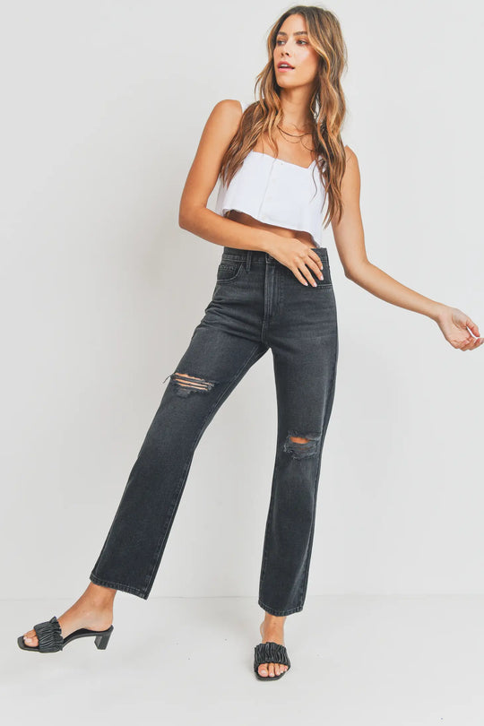 Knee Distressed Long Straight Washed Black Denim Jeans