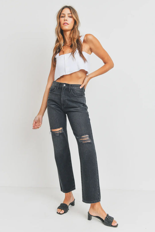 Knee Distressed Long Straight Washed Black Denim Jeans