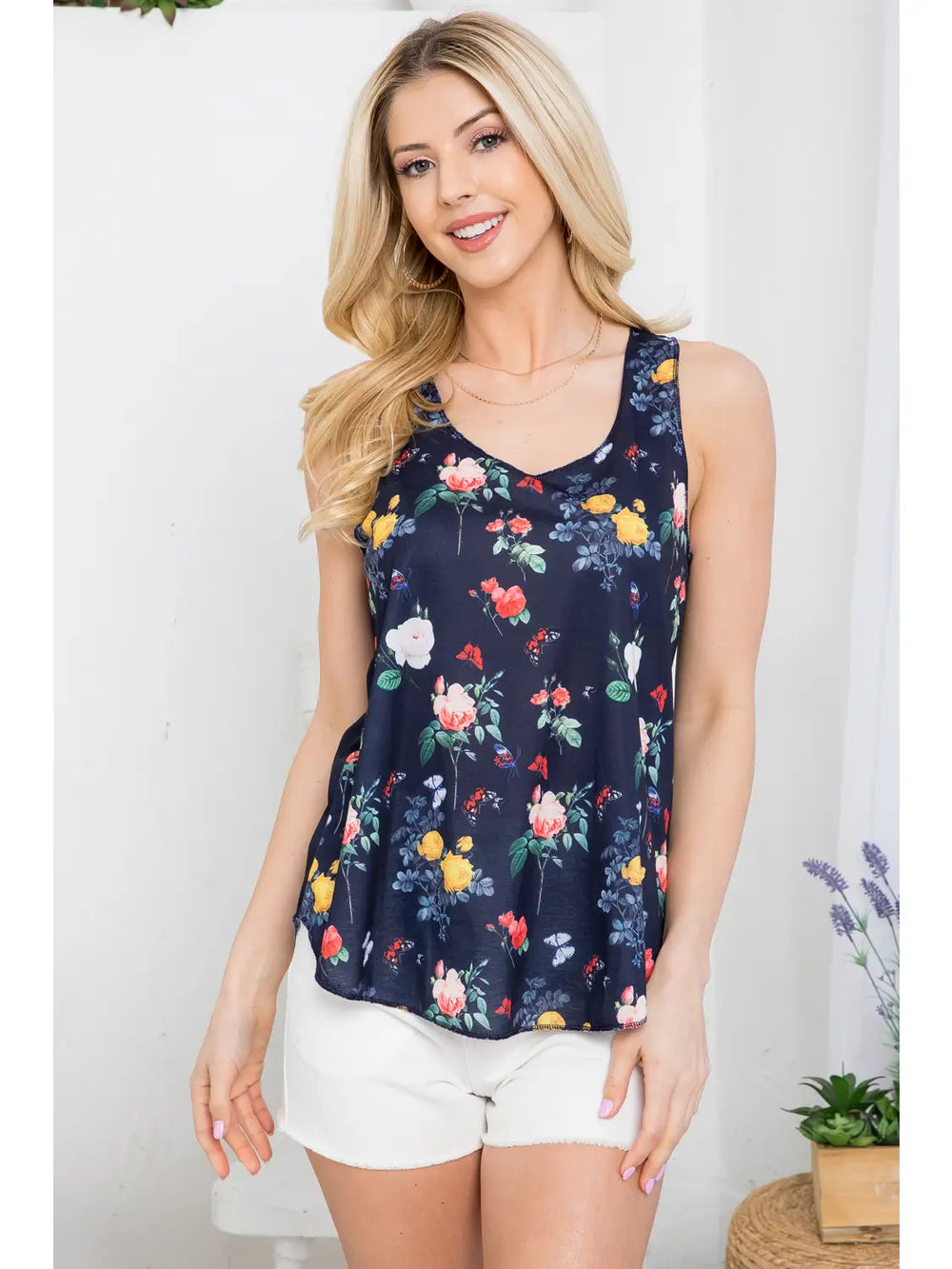 Butterfly and Floral Relaxed Sleeveless Top