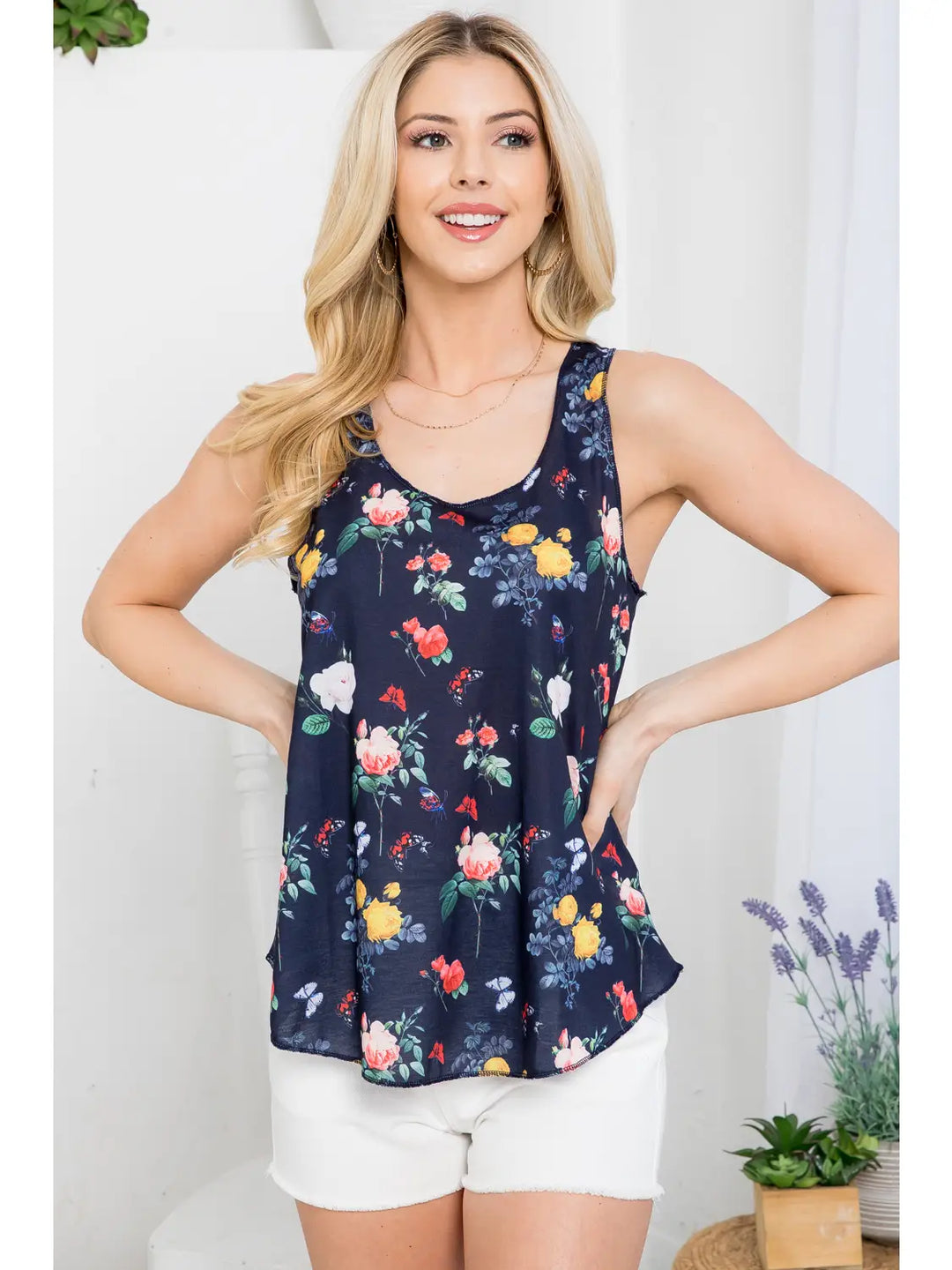 Butterfly and Floral Relaxed Sleeveless Top