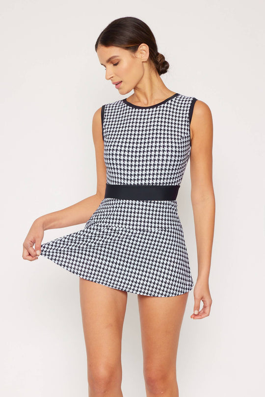 Houndstooth One Piece Swim Suit with Removable Skirt