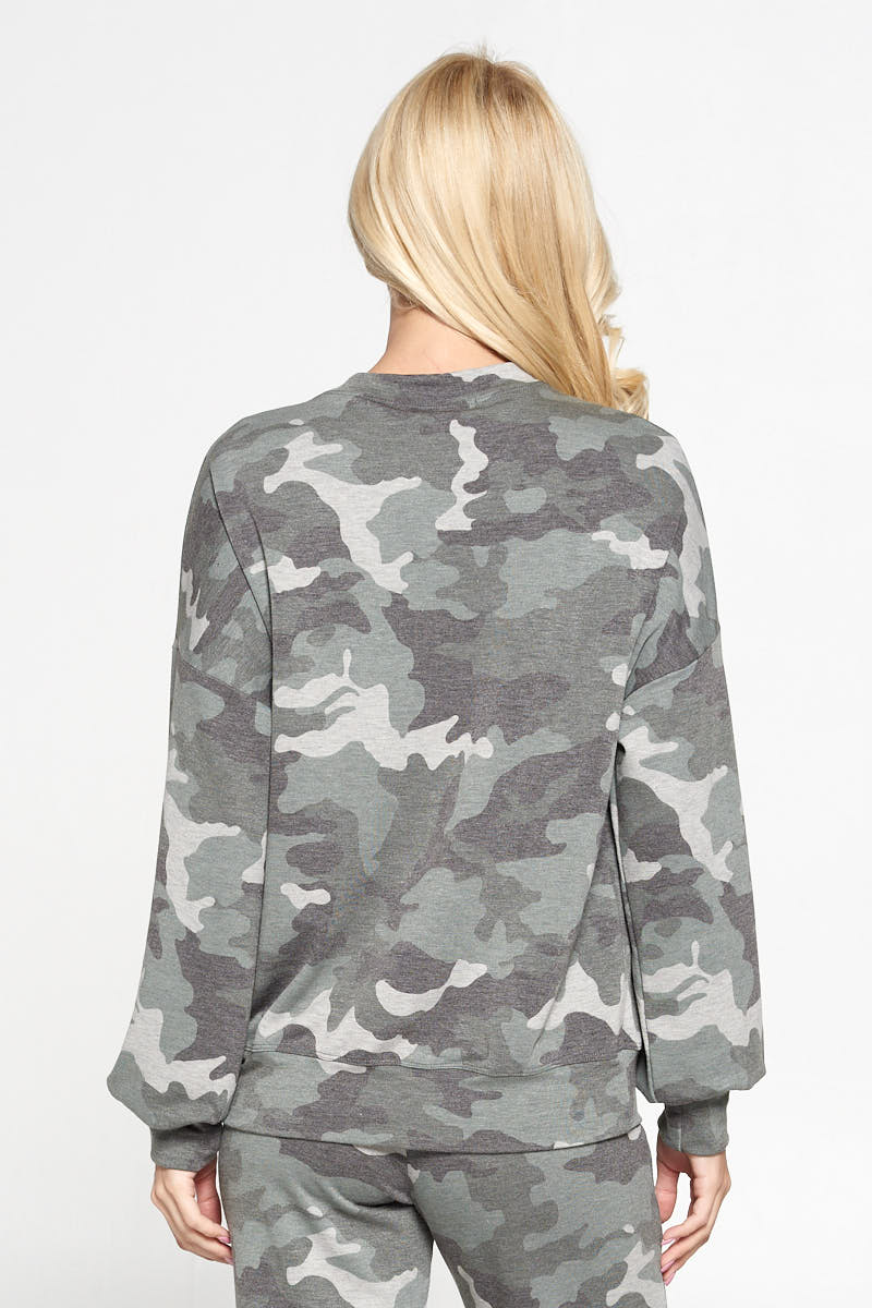 Camo Print Crew Neck Sweatshirt Top