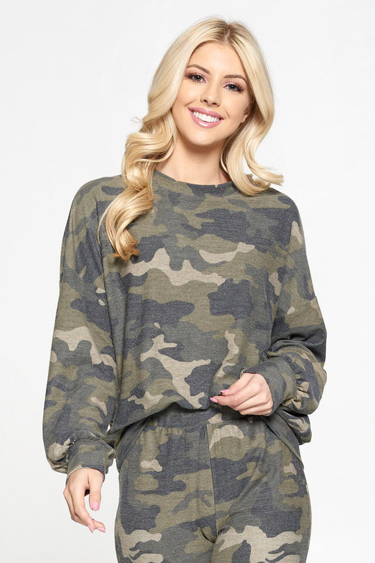 Camo Print Crew Neck Sweatshirt Top