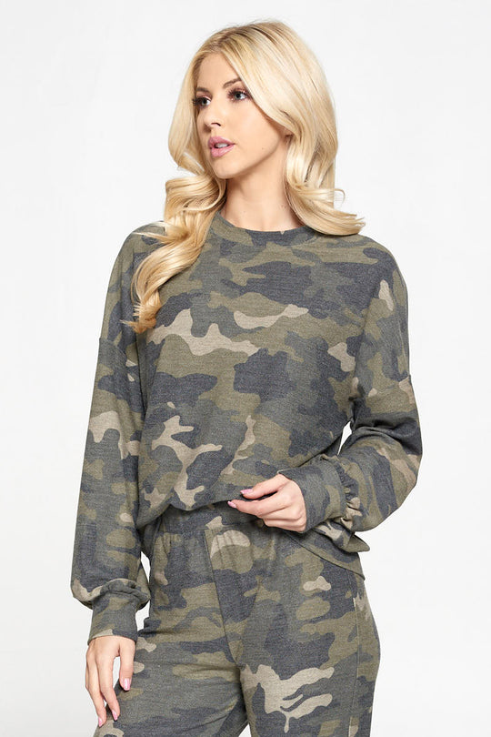 Camo Print Crew Neck Sweatshirt Top