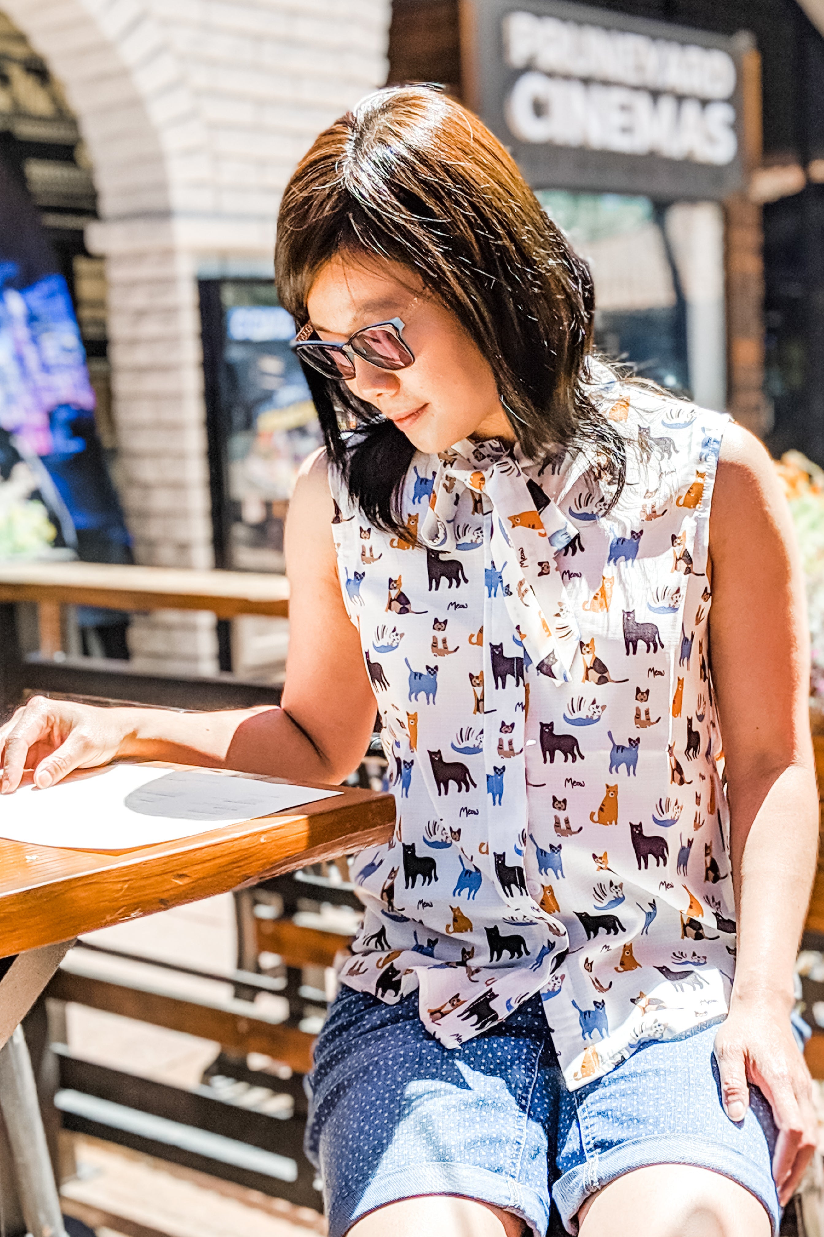 Cat print button down shirt blouse sleeveless tank top