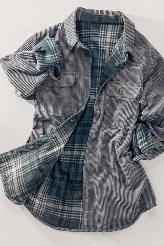 Reversible Corduroy Plaid Button Down Jacket