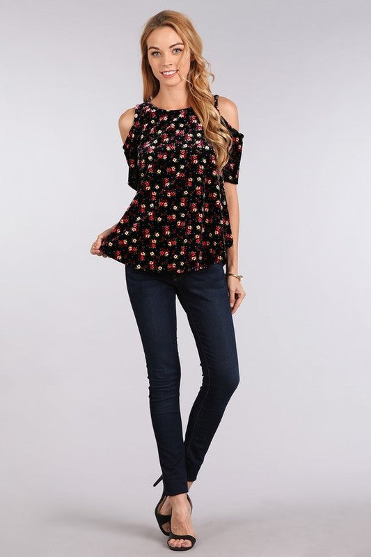 Cold Shoulder Velvet Floral Top