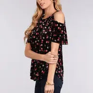 Cold Shoulder Velvet Floral Top