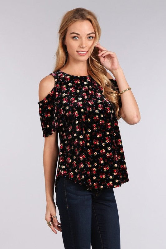 Cold Shoulder Velvet Floral Top