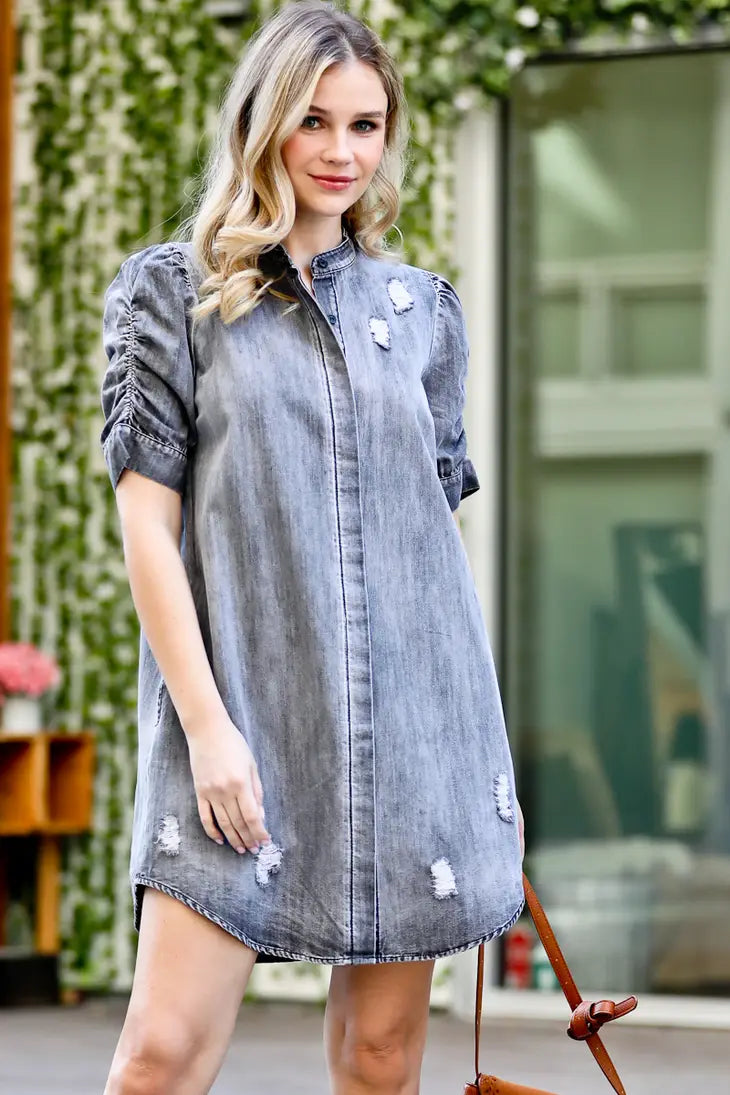 blue jean distressed dress ON THE EDGE DISTRESSED DENIM MAXI DRESS