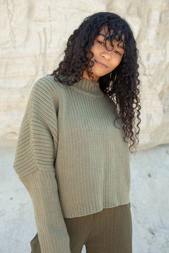 Mock Neck Crop Sweater Cotton One Size