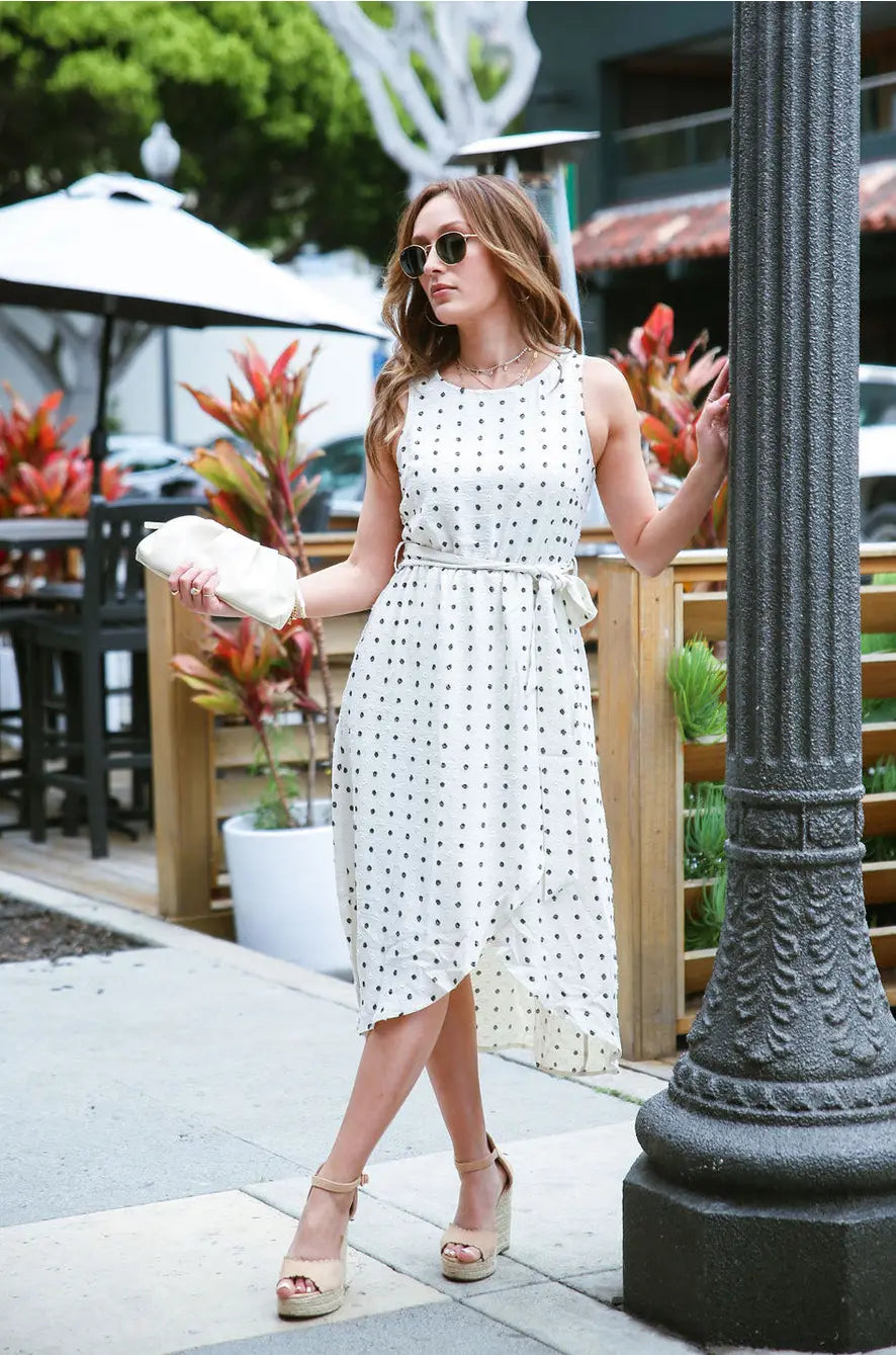 Sleeveless Crew Neck Clip Dot Tulip Hem Belted Midi Dress