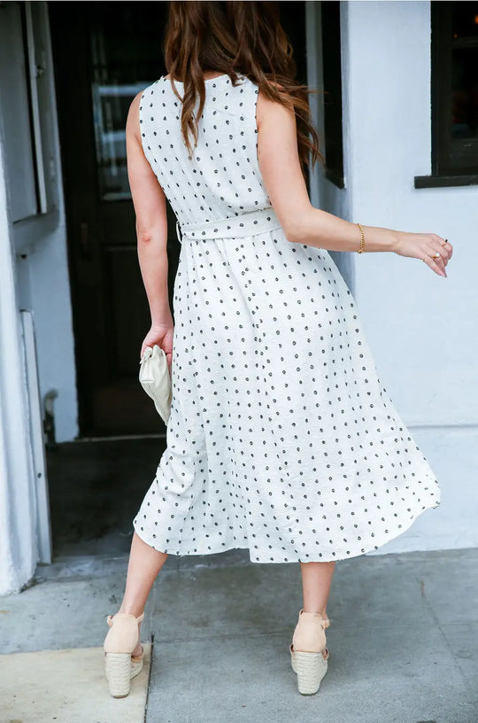 Sleeveless Crew Neck Clip Dot Tulip Hem Belted Midi Dress