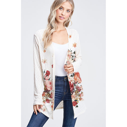 Forever Cardigan Ribbed Knit Open Front Floral Print