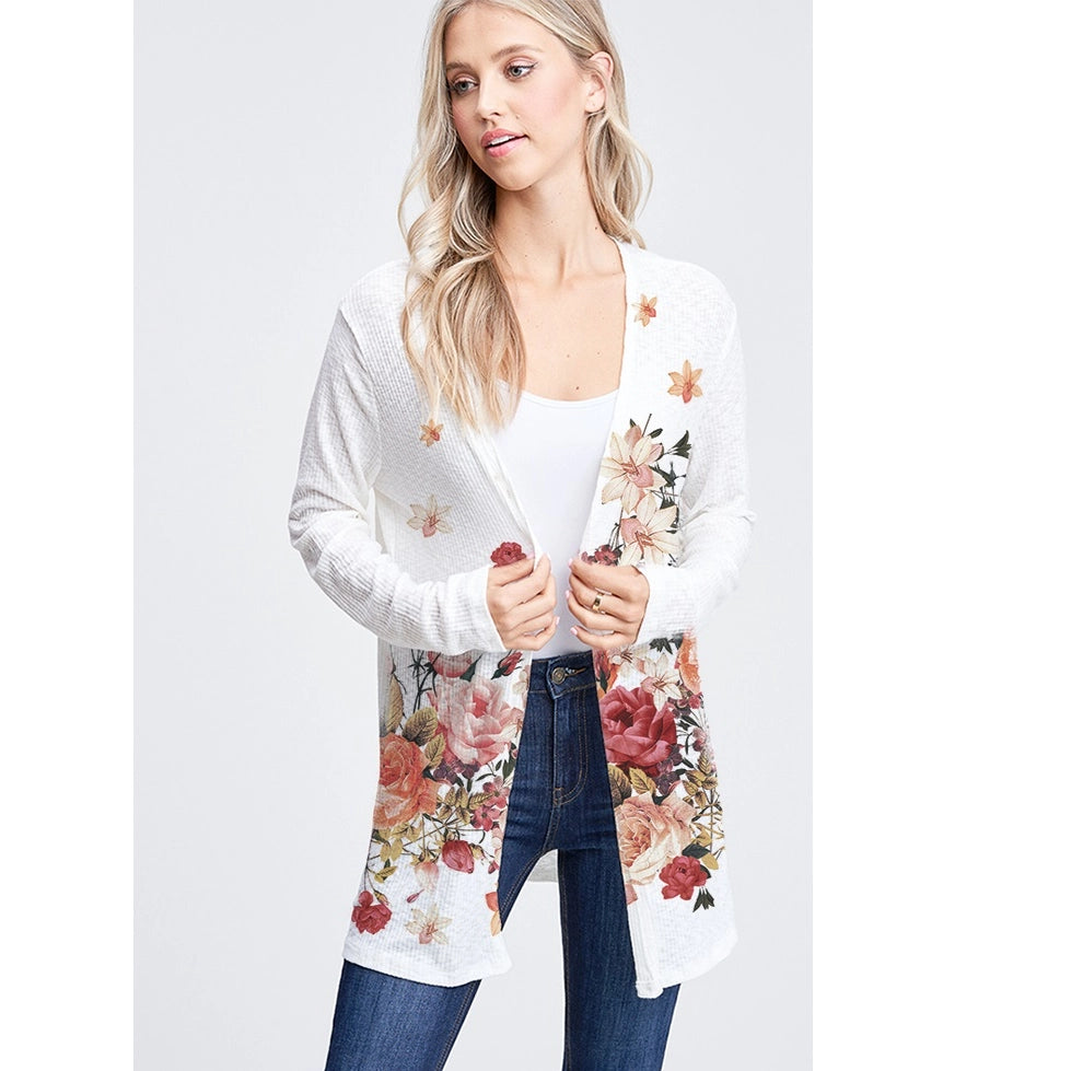 Forever Cardigan Ribbed Knit Open Front Floral Print