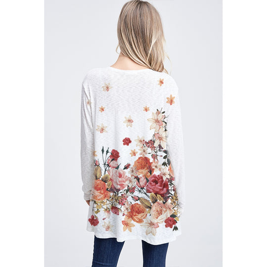 Forever Cardigan Ribbed Knit Open Front Floral Print