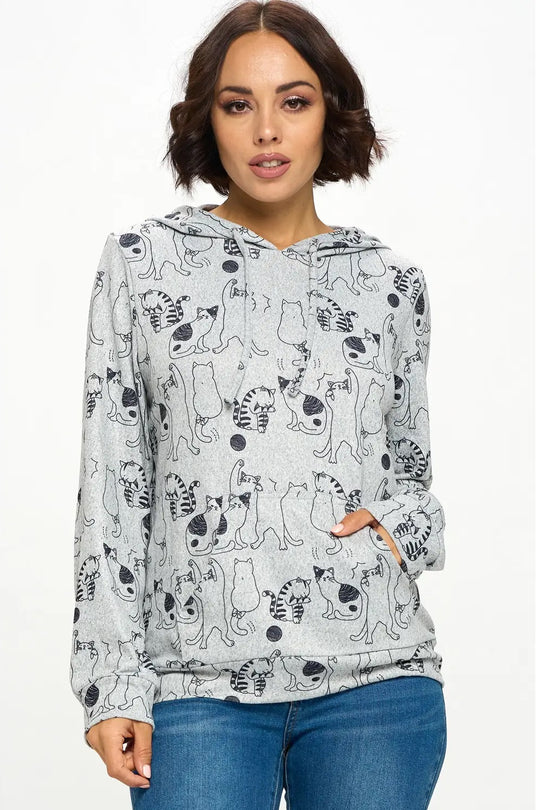 Dancing Cat Grey Hoodie Pullover with Pockets