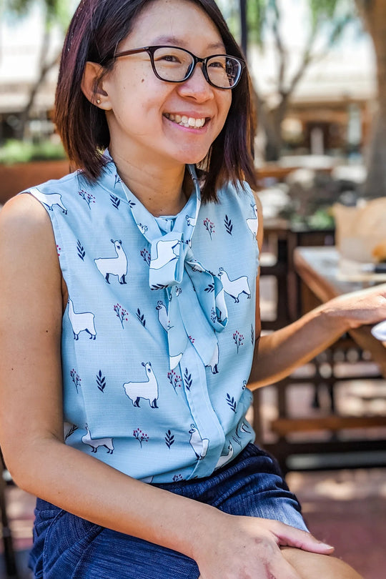 Collar and Tie Blouse Tank Top Llama Print