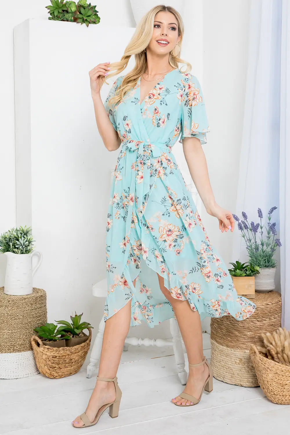 Mint Floral Faux Tie Wrap Dress