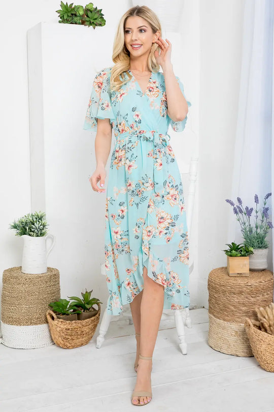 Mint Floral Faux Tie Wrap Dress