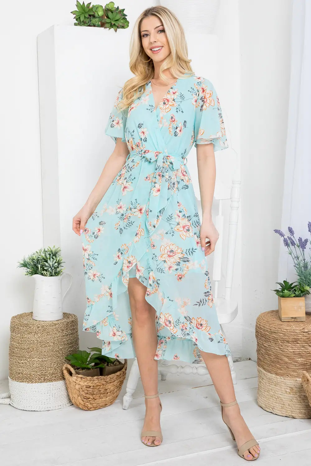 Mint Floral Faux Tie Wrap Dress