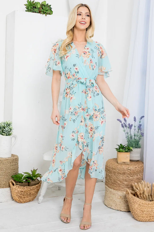 Mint Floral Faux Tie Wrap Dress