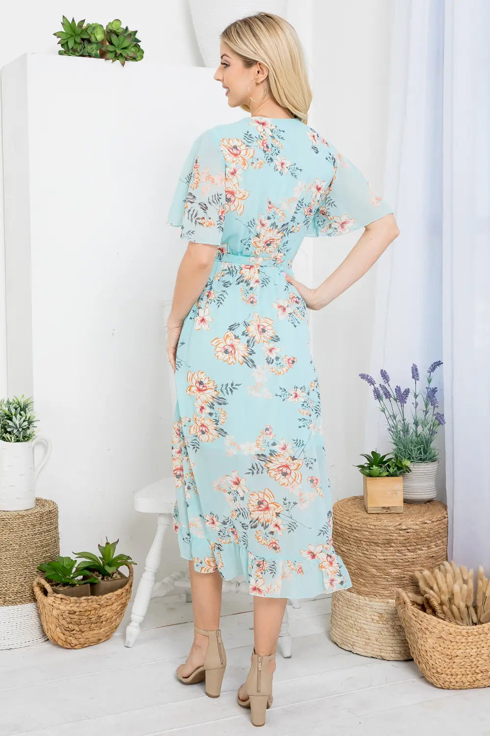 Mint Floral Faux Tie Wrap Dress