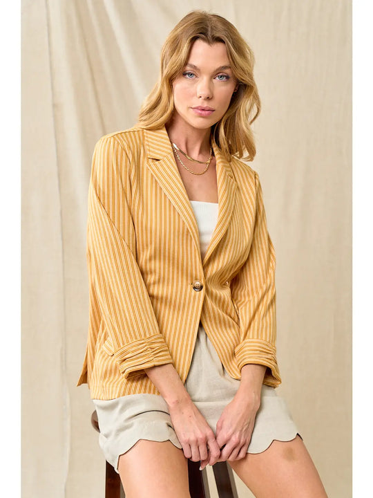 Roll-up sleeve one-button ribbed blazer