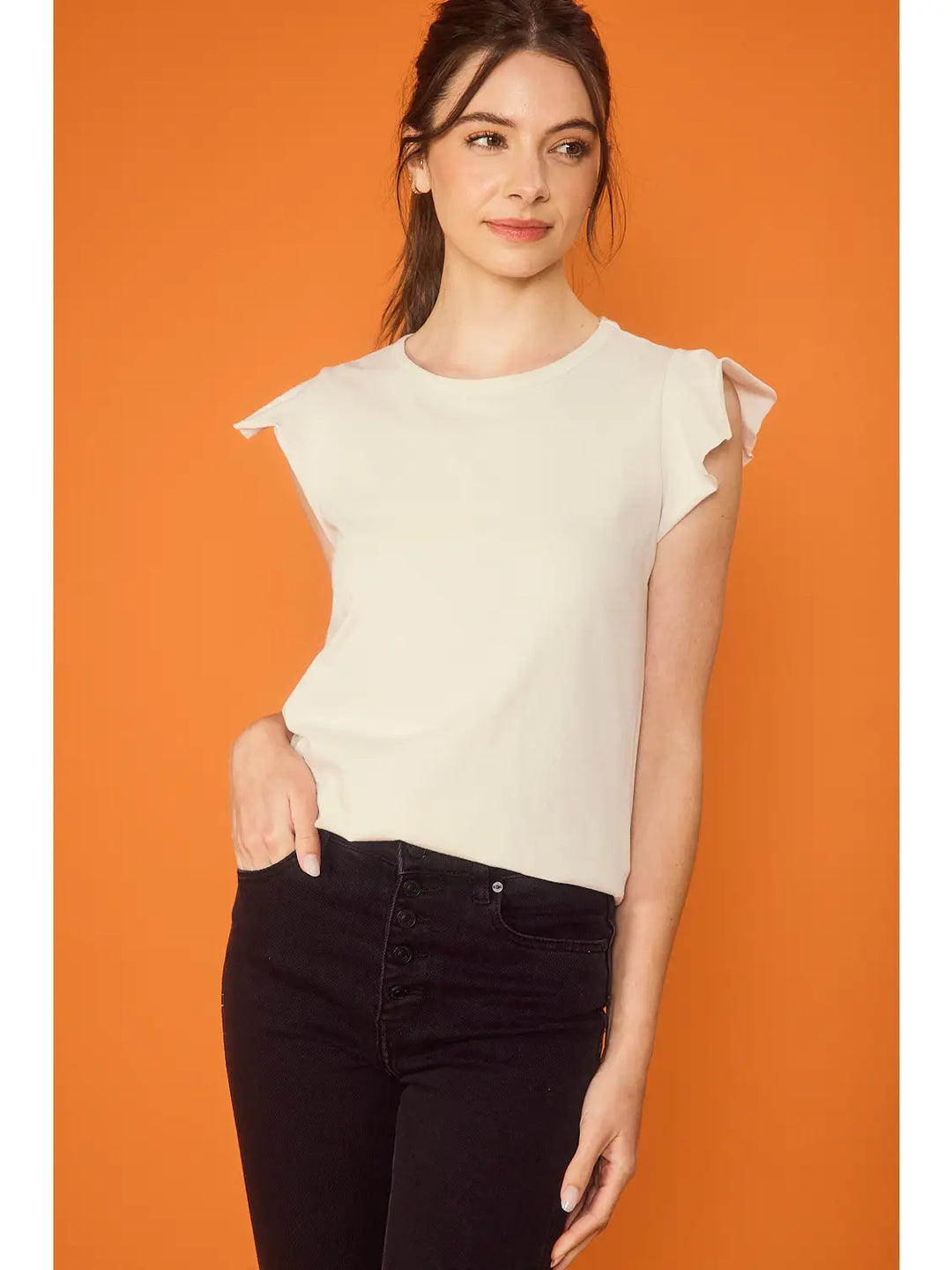 Washed Cotton Jersey Knit Top with Ruffle Cap Sleeves