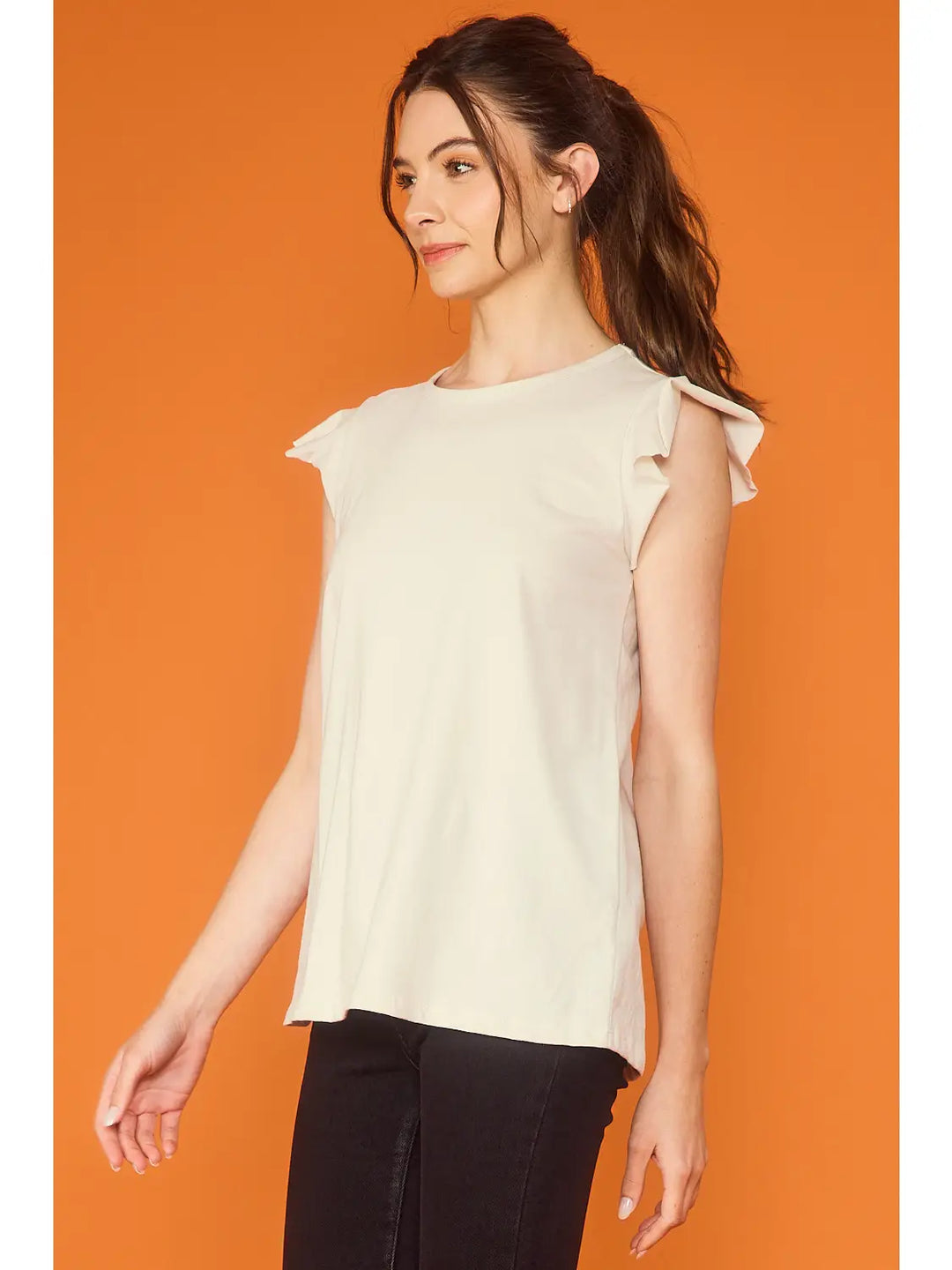 Washed Cotton Jersey Knit Top with Ruffle Cap Sleeves