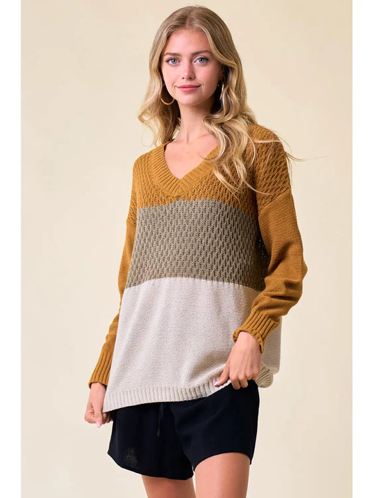 Color block V-Neck Knit Sweater Top