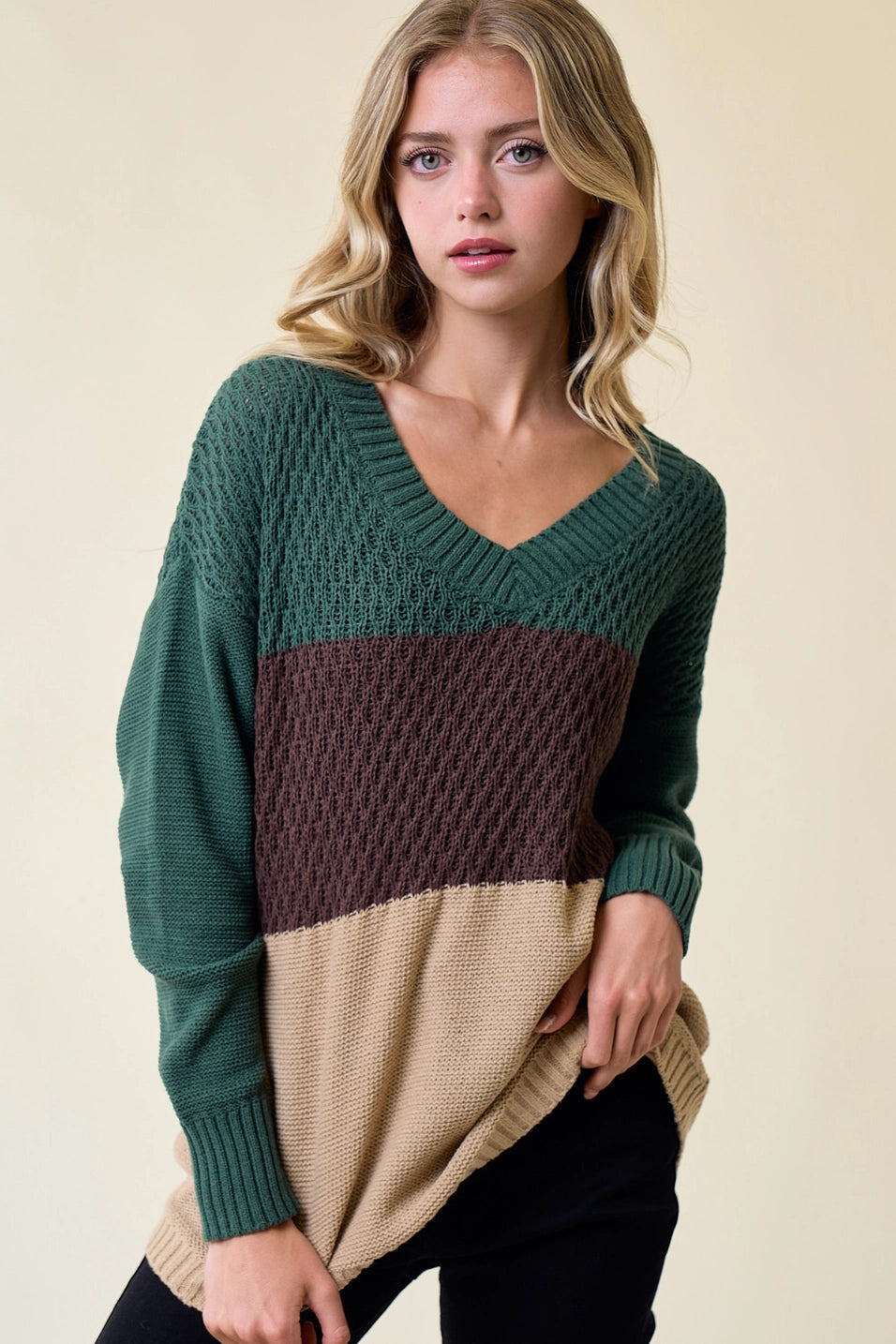 Color block V-Neck Knit Sweater Top