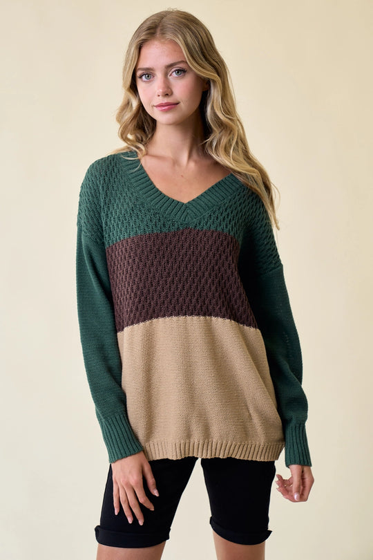 Color block V-Neck Knit Sweater Top