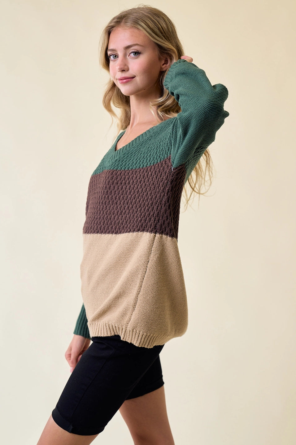 Color block V-Neck Knit Sweater Top