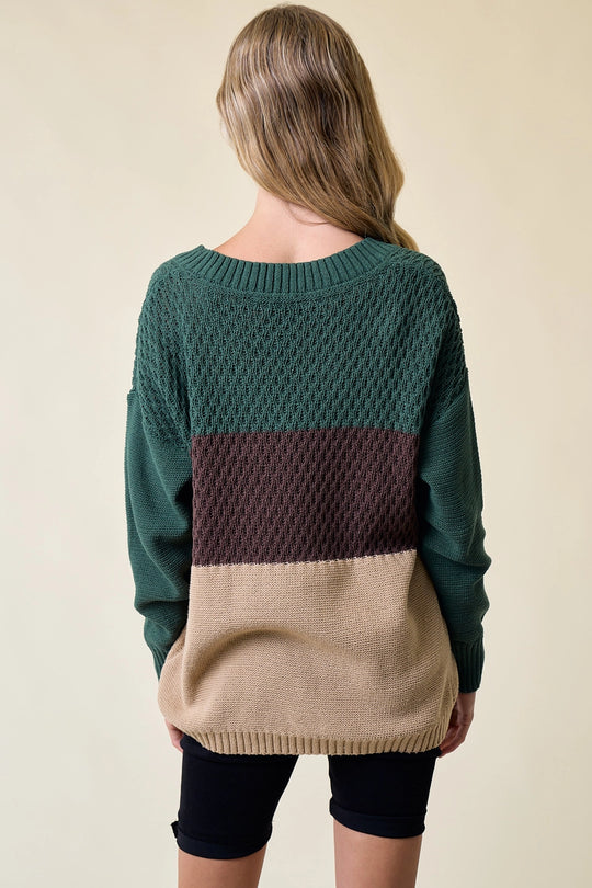 Color block V-Neck Knit Sweater Top